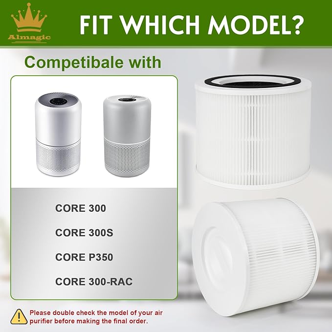 2 Pack Core 300 Replacement Filter Compatible with Levoit Core 300 Air Purifier, 3-in-1 H13 True HEPA Filter, Replacement Part No. Core 300-RF, White Color