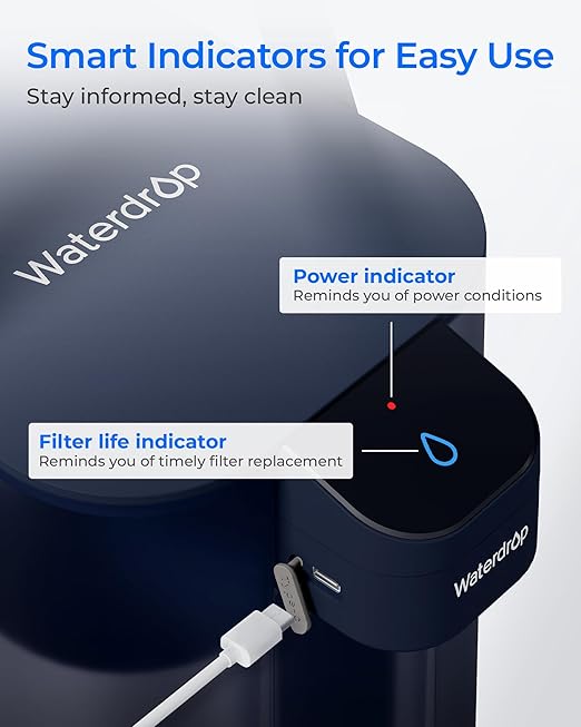 Waterdrop Rechargeable Water Filter Dispenser, 200-Gallon Water Pitcher, Instant 15-Cup Countertop System, 10X Filtration Efficiency, Reduce 98% Chlorine and 20+ Contaminants, Navy Blue
