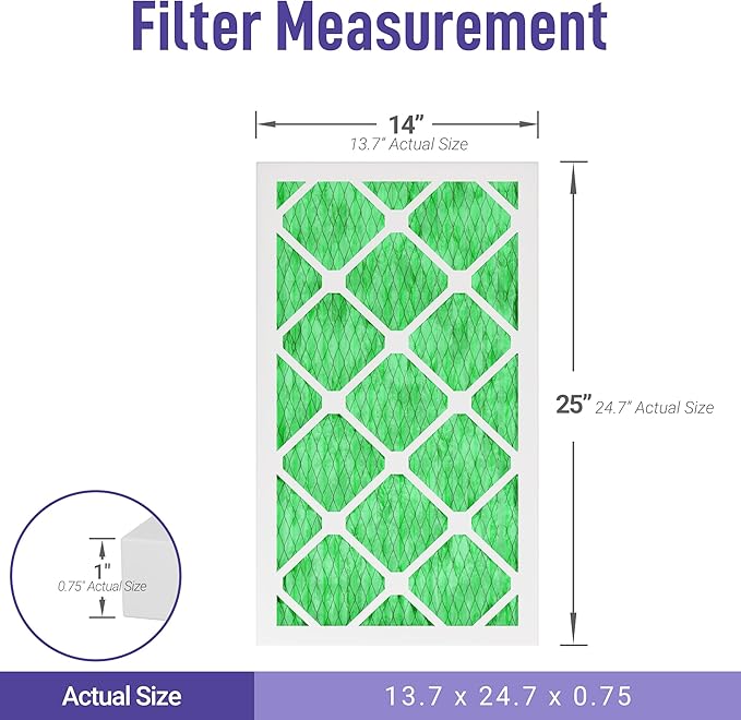 Maycold MERV 13 14x25x1 Air Filter (6-Pack), High-Efficiency Pleated AC & Furnace Filters, Actual Size: 13.70" x 24.70" x 0.75", Individually Wrapped in Plastic