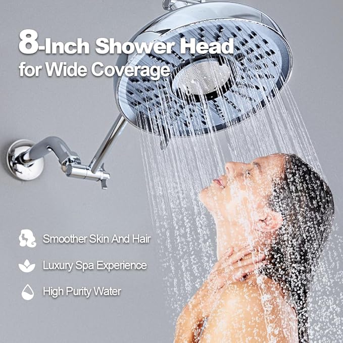 Filtered Shower Head 8 Inch - High Pressure Fixed Rain Showerhead with 18-Stage Filter for Hard Water Softener - Reduces Chlorine and Heavy Metals (Chrome）
