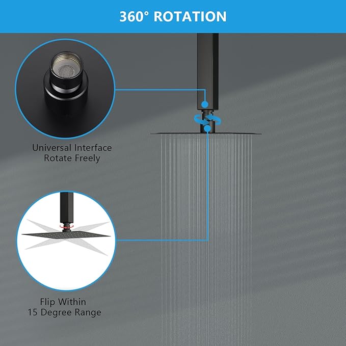 Lordear Black Shower Head 6 Inch Rainfall Black Shower Head Square Solid Ultra Thin 304 Stainless Steel Fixed Rain Shower Head with Self Cleaning Nozzles