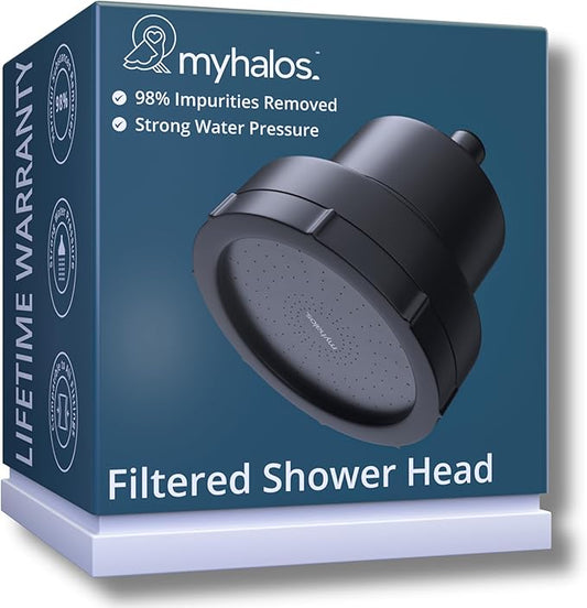 MyHalos® Filtered Shower Head for Hard Water Filter - High Pressure, Removes Chlorine - Shower Head Filter for Hard Water Softener Showerhead, Easy Install, For Hair & Skin, Filtering (Black)