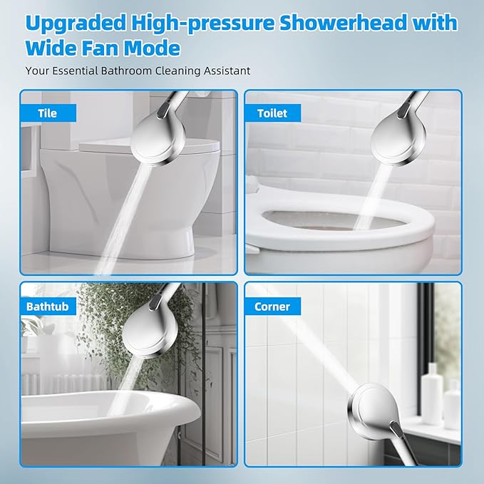 Hibbent 12'' All Metal Shower Head, High Pressure Rainfall Shower Head, Handheld Showerhead Combo, 12'' Adjustable Curved Shower Extension Arm, 10-Spray, 71'' Hose, Adhesive Showerhead Holder, Chrome