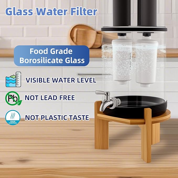 Gravity-Fed Water Filter System, Glass water filter, Glass Countertop Water Filtration Dispenser, with Wooden Stand and 2 Filters, 2.25 Gallon，for Home and Office