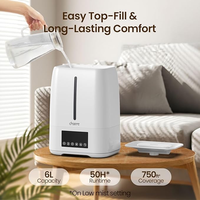 6L Top Fill Ultrasonic Humidifier - Cool and Warm Mist for Bedroom, Baby, Large Rooms & Plants, Smart Humidity Control, Aroma Diffuser, Night Light, 12H Timer, Quiet, White