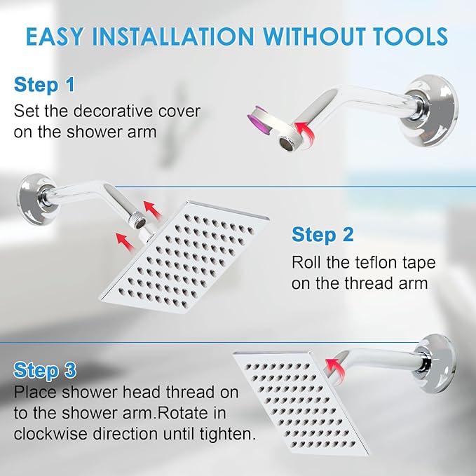 6 Inch Square Shower Head Stainless Steel High Pressure Rain Shower Heads with Extension Arm Adjustable Angle Replacement Luxury Shower Head for Modern Bathroom (Square, Chrome)