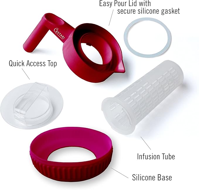 Glass Water Infusion Pitcher | BPA Free Fruit Infuser | Premium Borosilcate Glass for Hot and Cold Liquids | Infuse Iced Tea, Coffee, Water, Juice, Vodka, Tequila - Cestari Infuser, Red 44 ounces