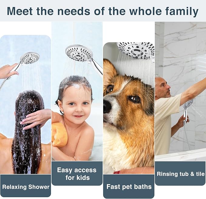 BRIGHT SHOWERS 9 Spray Settings Shower Head with Handheld High Pressure Chrome Hand Held Showerhead with 60 Inch Stainless Steel Hose and Adjustable Overhead Bracket