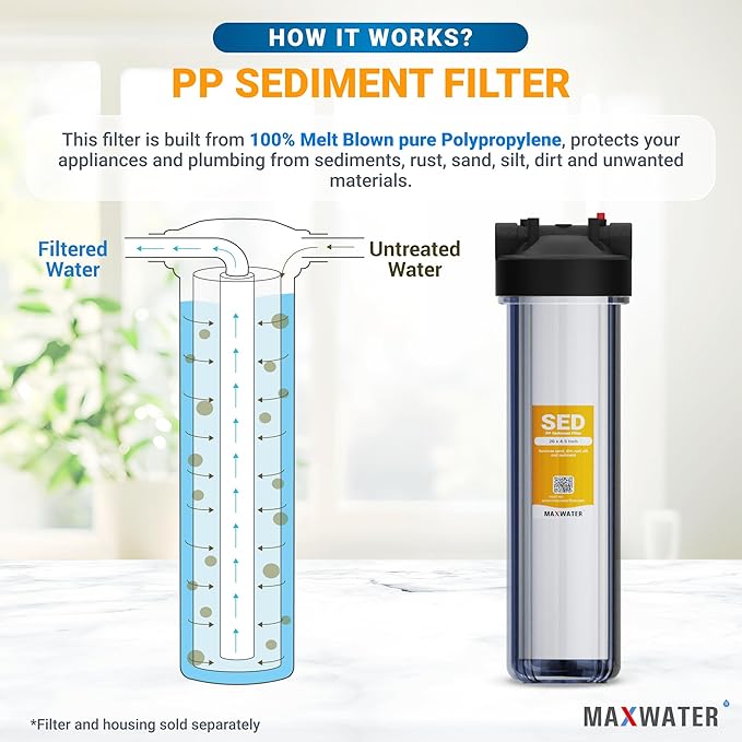 Max Water 1 Micron 20 x 4.5 Sediment Filter 20 inch Whole House BB Water Filteration System Replacement Compatible Cartridge DGD-5005-20, FP25B, AP810-6, FPMB5-20, P5-20, 155358-43, SDC-45-2005