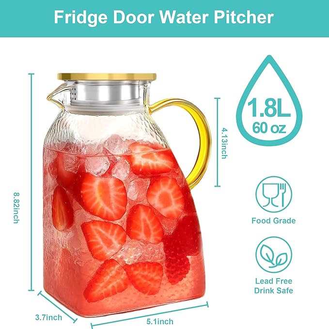 Glass Water Pitcher with Lid, High Borosilicate Heat Cold Resistant Carafe, 1.8L/63oz Capacity, Leakproof Fridge Door Carafe, Ice Tea Jug, Lemonade Pitcher For Fridge