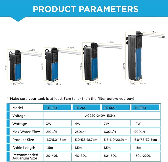 Internal Fish Tank Filter, 12W Adjustable Water Flow Submersible Aquarium Filter Pump for 40~60 Gallon Freshwater or 25~45 Gallon Saltwater, 2 Mode Aeration & Rainfall, TE-900(250GPH)