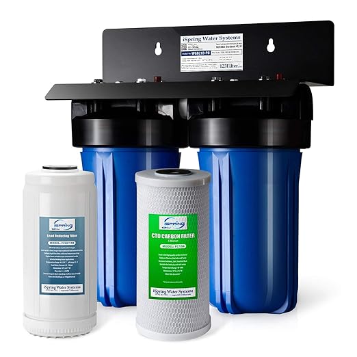 iSpring WGB21B-PB 2-Stage Whole House Water Filtration System w/ 10” x 4.5” Carbon Block FC15B and Lead Reducing Filter FCRC15B, 1" Inlet/Outlet Ports