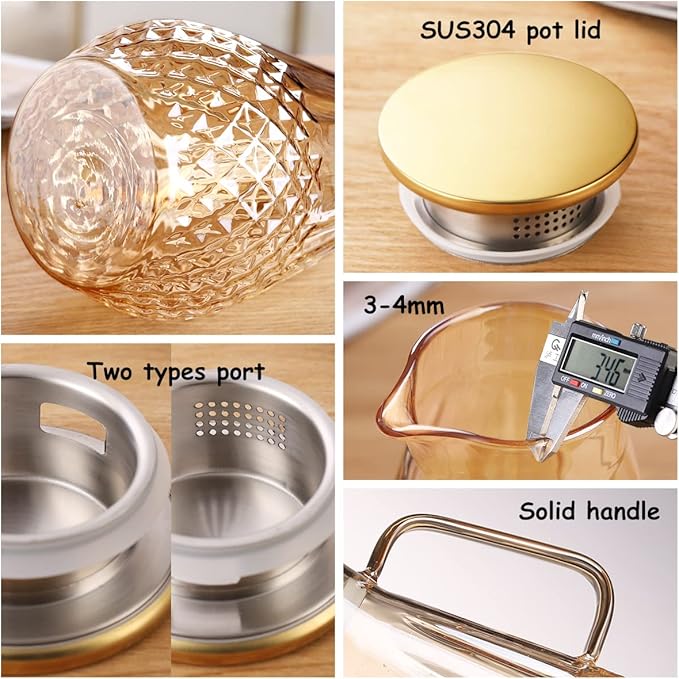 Glass Pitcher With Lid, Amber Color, Diamond Pattern, Borosilicate Glass, Stainless Steel Lid, Glass Kettle for Tea, Milk, Hot and Iced Beverages, 2000ml, 68oz, WONCRYS