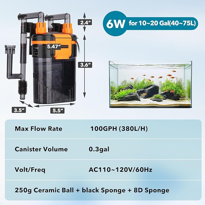 hygger External Hang-On-Back Canister Aquarium Filter,Quiet Fish Tank Filter with 3-Stage Filtration,Anti-Dry Burn Motor,Adjustable Flow,Oil Skimmer,Duckbill Nozzle,Shower Spray Bar (6W,10-20 gal)