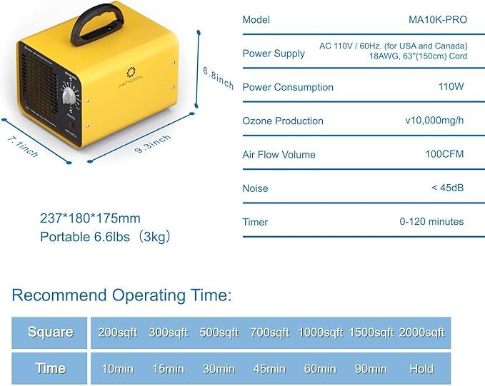 Airthereal MA10K-PRO Ozone Generator - High Capacity O3 Machine for Areas of 3500+ Square Feet, Home Ionizer Odor Remover, Yellow