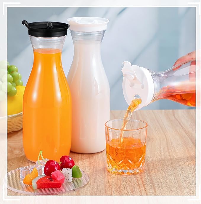 Gejoy 6 Pcs Plastic Water Carafe with Lids 32 oz Clear Juice Pitchers for Mimosa Bar Drinks Milk Iced Tea Beverage Containers for Home Restaurant School Fridge, Not Dishwasher Safe (White,Black Cap)