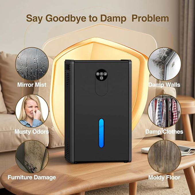 Dehumidifier, 72 OZ Water Tank Dehumidifiers for Home, 1076 sq. ft. Dehumidifier for Basement Bathroom Bedroom with Auto Shut Off, 7 Colors LED Light, Quiet Dehumidifiers with Sleep Mode