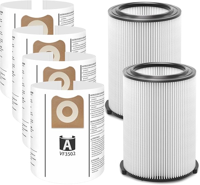 Vf4000 Filter Compatible with RIDGID Vacs 5 Gallons and Larger Vacuum Cleaner (2 Pack VF4000 Filters + 4 Pack VF3502 Bags)