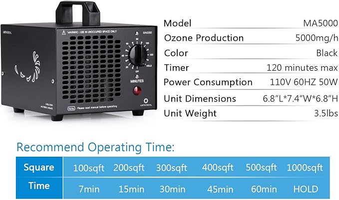 Airthereal MA5000 Commercial Ozone Generator, High Capacity Ozone Machine Odor Removal - Home Air Ionizers O3 Deodorizer for Rooms, Smoke, Cars and Pets, Eliminate Odors up to 2000sq.ft., Black