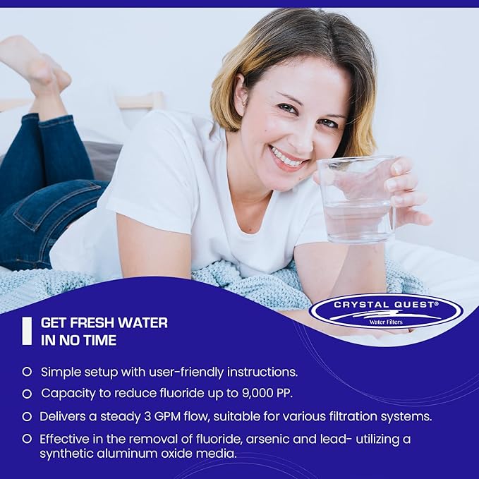 Crystal Quest Aluminum Oxide Fluoride Reduction Filter Cartridge, 4-5/8” x 9-3/4, Advanced Media, 3 GPM Flow Rate, Reduces Fluoride Up to 9,000 ppm, Long-Lasting, Easy Installation & Maintenance