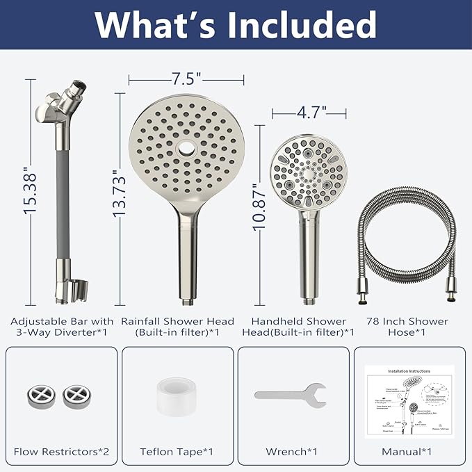 HANLIAN Filtration Shower Heads with Handheld Spray Combo, High Pressure Rainfall Shower Head with Handheld Combo, Filtered Dual Shower Head with Hand Held, Double Shower Heads (Brushed Nickel)