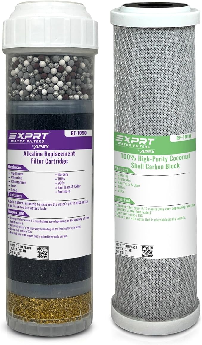 RF-2050 2-Filter Set, 2.5" × 10" Universal Fit - Alkaline Multi-Stage + Carbon Block - KDF-55 Activated Carbon - Mineral pH Balance - Reduces Chloramines, Chlorine, Heavy Metals, Taste & Odor