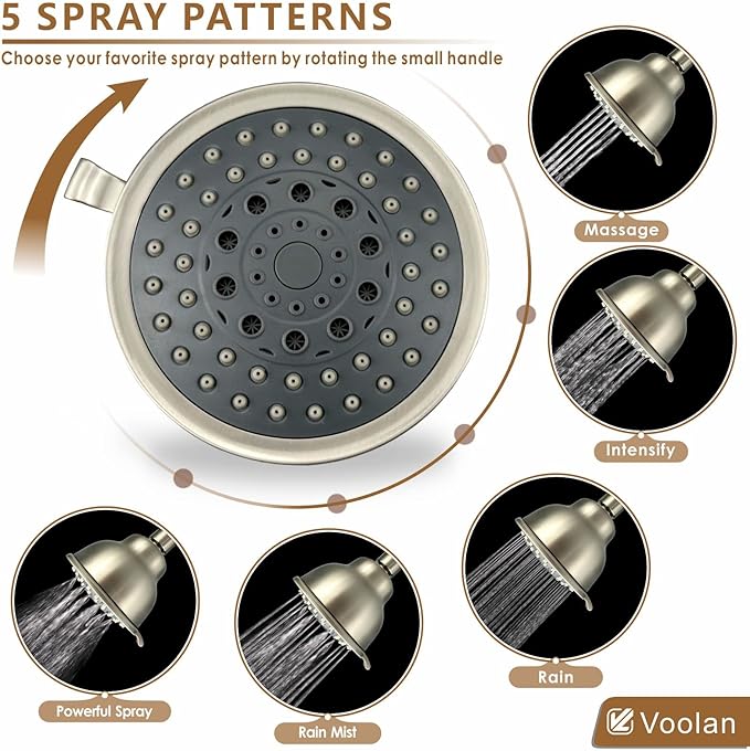 Voolan High Pressure Shower Head with Shower Arm - 5 Function Rain Shower Head - Comfortable Shower Experience Even at Low Water Flow - Brushed Nickel