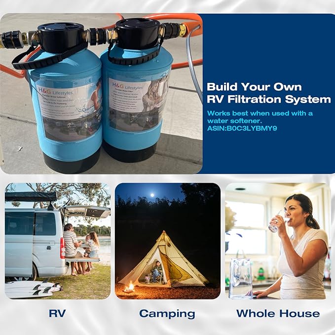H&G lifestyles ‎Portable Water Filter for RV Water Filtration System KDF Carbon Reduce Bad Taste Odor Chlorine Sediment with 3/4" Brass Adapter Water Hose for Drinking Camping