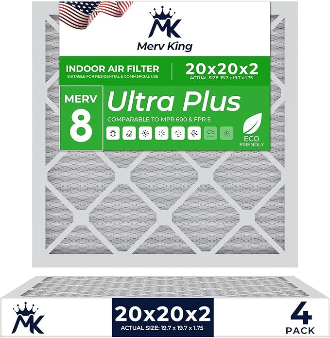 MervKing 20x20x2 Air Filter | MERV 8 | MPR 600-700 Ultra Plus | 4-Pack | Pleated HVAC AC Furnace Replacement Air Filters | Actual Size: 19.7" x 19.7" x 1.75"