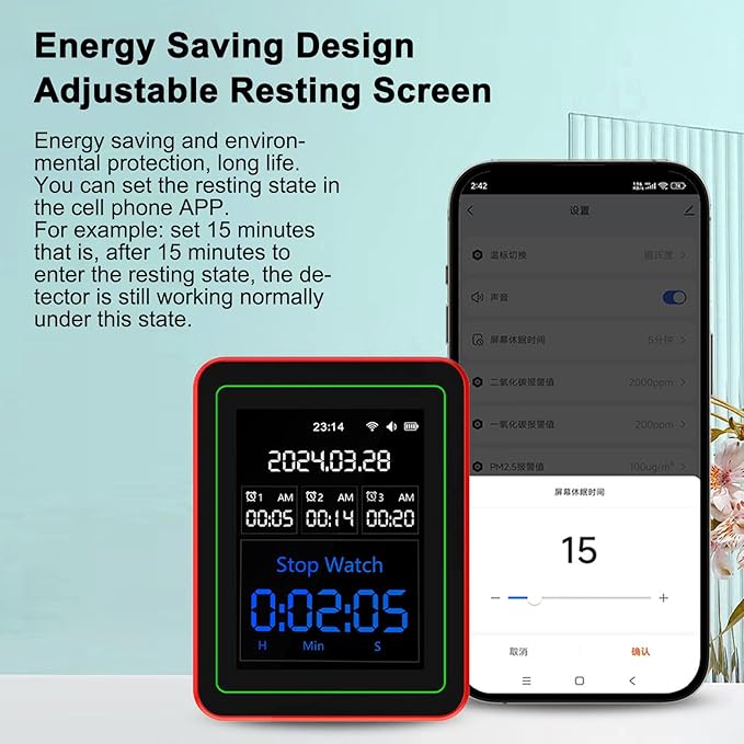 15-in-1 Air Quality Monitor Smart Air Quality Tester with CO2/HCHO/TVOC/AQI/PM0.3/PM1.0/PM2.5/PM10/Temperature/Humidity/Time/Alarm Clock/Timer/Countdown Timer Mobile APP WiFi for Home & Office