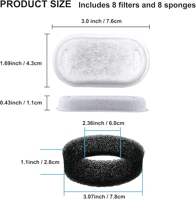 16 Pack Filters+16 Sponges for Dog Fountains Compatible with GIOTOHU 67oz/2L Cat Water Fountain Filter Stainless Steel Compatible with Tomxcute 3.2L/108oz