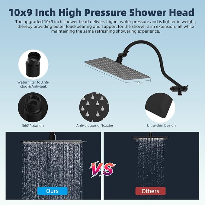 Hibbent All Metal 10'' Dual Filtered Rainfall Shower Head Combo, High Pressure Handheld Shower Head with 12'' Adjustable Curved Extension Arm, 20 Stage Shower Filter, 10-spray, 71'' Hose, Matte Black
