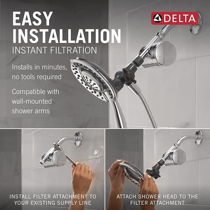 Delta Faucet 4-Setting In2ition 2-in-1 Dual Shower Head with Clarifi Standard Shower Filter Attachment and Filter, Chrome Shower Head with Filter, Filtered Shower Head, Chrome 7SF110B