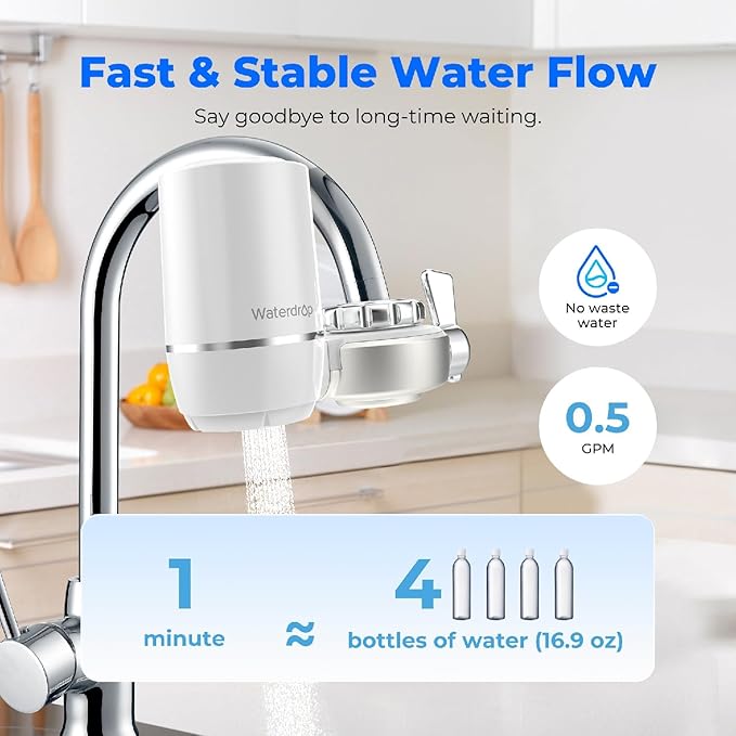 Waterdrop Water Filter for Sink Faucet, NSF Certified Water Purifier, 320 Gallon Tap Water Filter for Kitchen Sink, Reduces Chlorine, Lead-Free Material, Faucet Mount Water Filtration System, 1 Filter