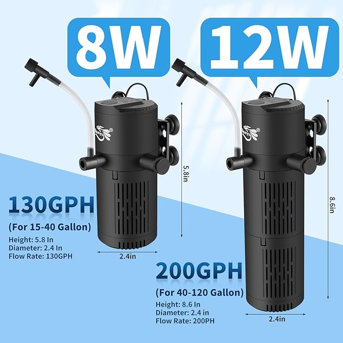 Aquarium Filter, Fish Tank Filter 4-in-1 for 40-120 Gallon Tanks, Submersible Internal Filter with Wave-Maker, Oxygenation & Adjustable Air Flow for Freshwater/Saltwater/Turtle Tanks (12W)