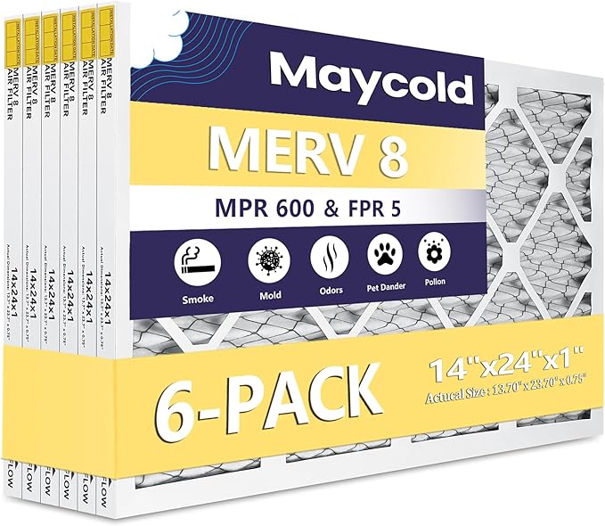 Maycold MERV 8 14x24x1 Furnace Air Filters (6-Pack), Pleated HVAC AC Filters – Actual Size 13.70” x 23.70” x 0.75”, For Residential or Office Use, Individually Wrapped in Plastic