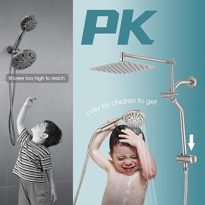 12" x 8" Rectangle High Pressure Rainfall Shower Head with Handheld Combo, 9 Setting Handheld Shower Head, Adjustable Height Shower Extension Arm and Slide Bar for Easy Reach - Brushed Nickel