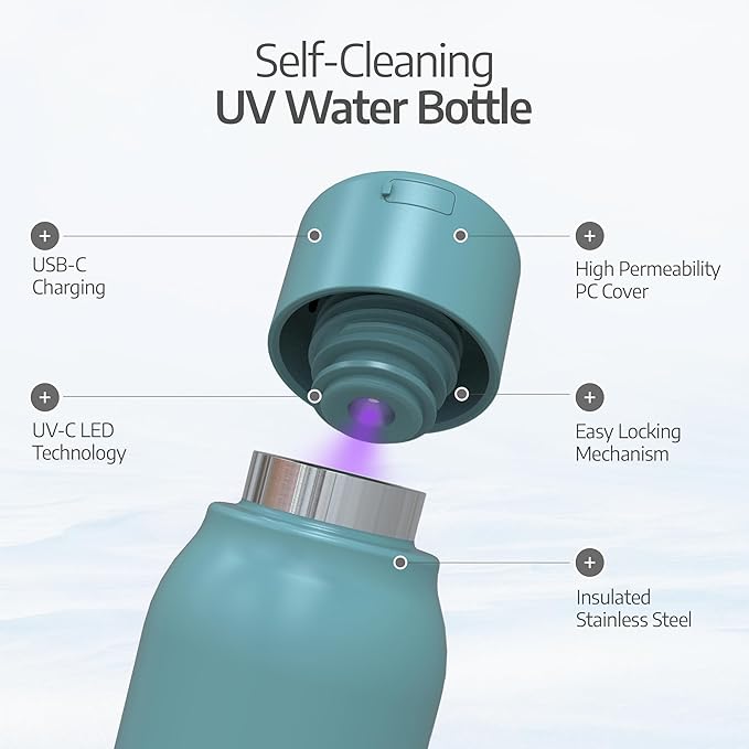 UV self-Cleaning and Water-Purifying Bottle -18.6 Ounce Insulated Rechargeable Stainless-Steel Tumbler w/Safety Lock Prevents Accidental Exposure for Outdoor and Emergency use