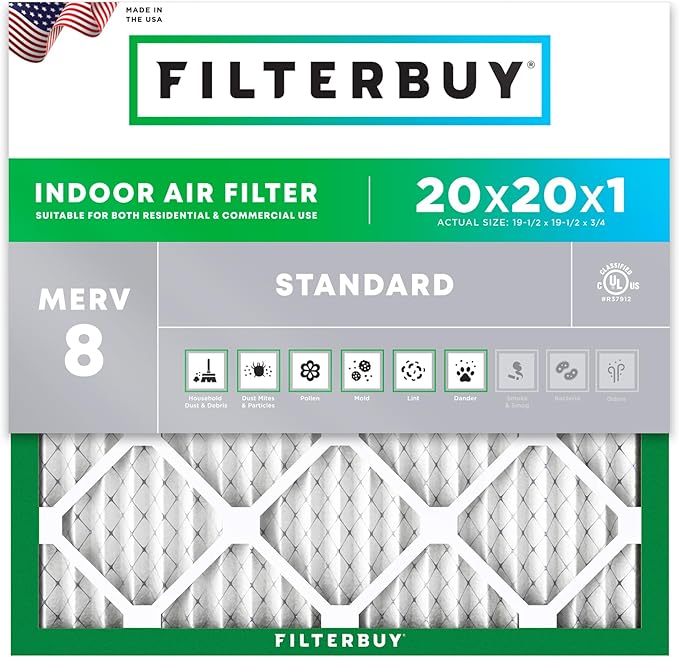 Filterbuy 20x20x1 Air Filter MERV 8 (MPR 700) Dust Defense Replacement (1-Pack), Electrostatic Pleated HVAC AC Furnace Filters, Made in USA (Actual Size: 19.50 x 19.50 x 0.75)