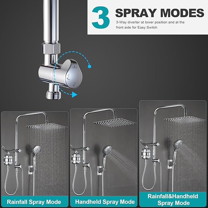 Dual Shower Head with Filter Combo,Stainless Steel 10in Rainfall Showerhead with 10in Height Adjustable Slide Bar&3-Way Diverter,Handheld Shower Head with On Off Switch&Adhesive Shower Holder