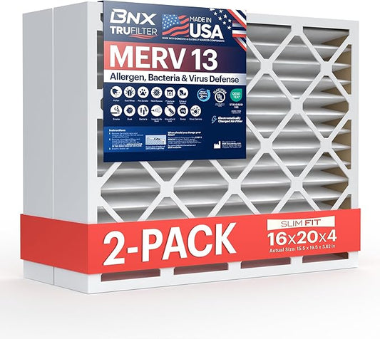 BNX TruFilter 16x20x4 (15.5’’ x 19.5’’ x 3.63‘’ Slim Fit) MERV 13 Air Filter (2-Pack) - MADE IN USA - Air Conditioner HVAC AC Furnace Filters Health, Allergies, Mold, Bacteria, Smoke, MPR 1900 FPR 10