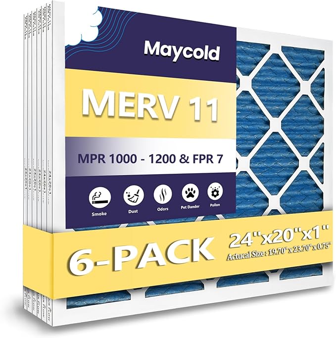 Maycold 20x24x1 MERV 11 Furnace Air Filters (6-Pack), High-Efficiency Pleated AC HVAC Filter for Home Use – Captures Fine Dust & Pet Hair, Actual Size 19.70 x 23.70 x 0.75, Individually Wrapped