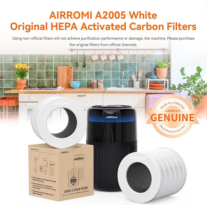 AIRROMI A2005 HEPA Air Purifier Replacement Filter, 3-In-1 Original Filter, Remove 99.97% of 0.3 Micron Particle 1 Pack White Activated Carbon 1Pack