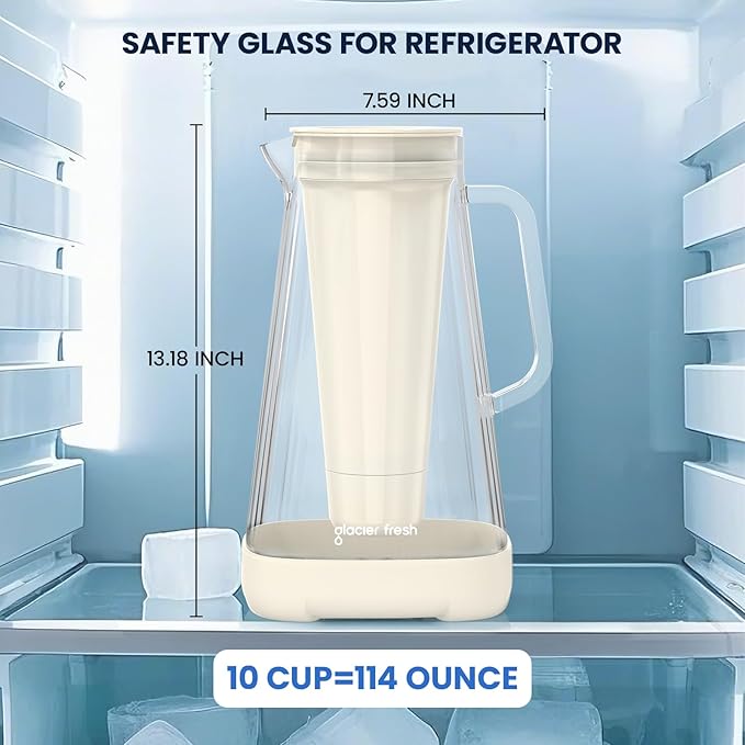 GLACIER FRESH Glass 10 Cup Water Pitcher with 1 Filter of 3X Flow Rate, 5-Stage Filtration Reduces 99% Chlorine and Improve Taste, Eco-Friendly, Bpa Free, White