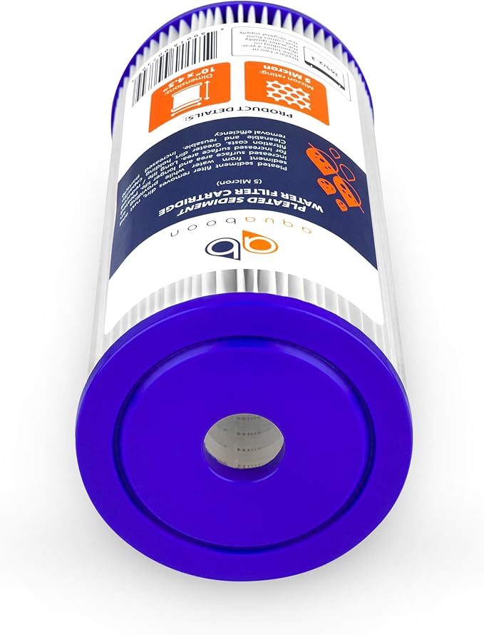Aquaboon 5 Micron Pleated Sediment Water Filter 10 x 4.5 Cartridge - Whole House Water Filter Replacement - Whole House Water Filters Cartridges Compatible with Well Filters FXHSC, R50-BBSA, 4-Pack