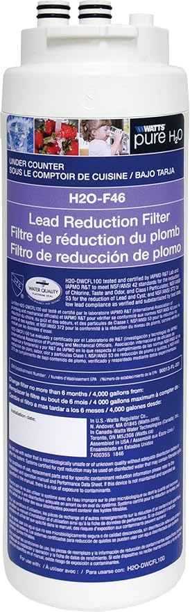 Watts Premier 0.5 Micron Lead Reduction Filter for Pure H2O Lead Filtration System H2O-DWCFL100, Flow Rate 1.5 GPM, 1/4 Turn Quick Change, Reduces Sediment, Chlorine Taste & Odor
