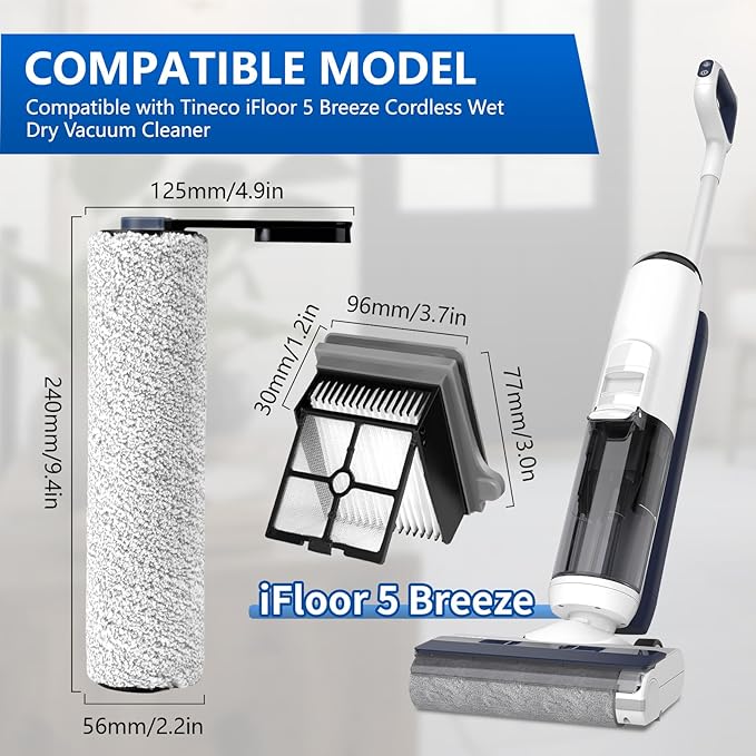 Roller Brush and Filters Replacement Compatible with Tineco iFLOOR 5 Breeze Cordless Vacuum Cleaner,Replacement Parts Include 2 Brush Rollers, 4 Vac Filters