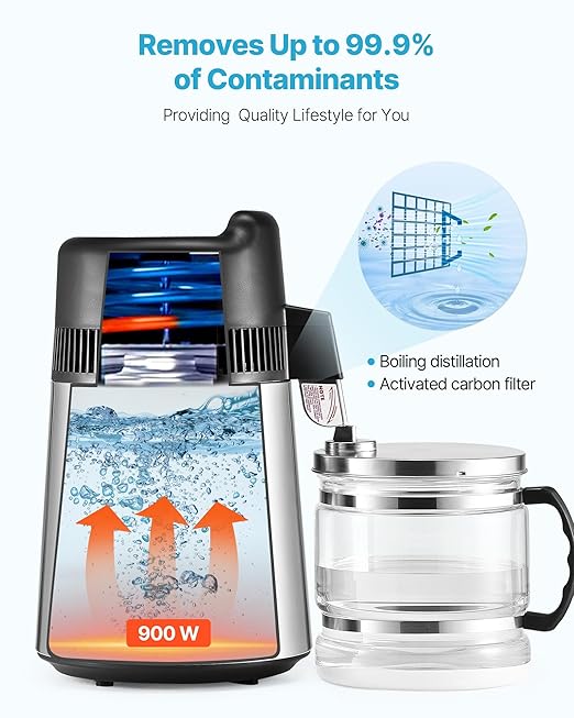 VEVOR Water Distiller, 6L 1.6 Gallon Larger Pure Water Purifier Filter For Home Table Countertop, 900W Glass Pot Distilled Maker, Stainless Steel Interior Drinking Machine to Make Clean Waters, Silver