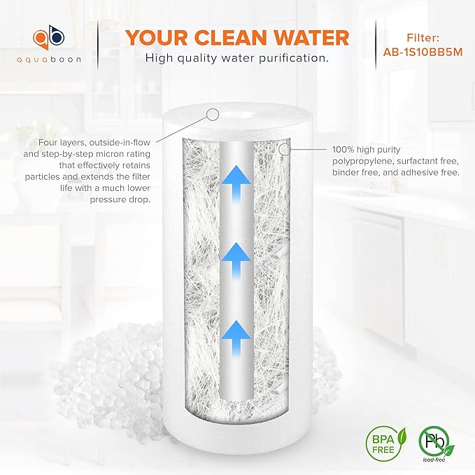 Aquaboon 5 Micron 10 x 4.5 Well Water Sediment Filter Replacement Whole House Water Filter Cartridge Compatible with DGD-5005, WFHD13001B, 6-Pack