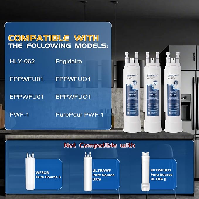 FPPWFU01 Water Filter Replacement, Compatible with Frigidaire FPPWFU01, EPPWFU01, PureAdvantage PWF-1, PurePour PWF-1 (3 Pack)